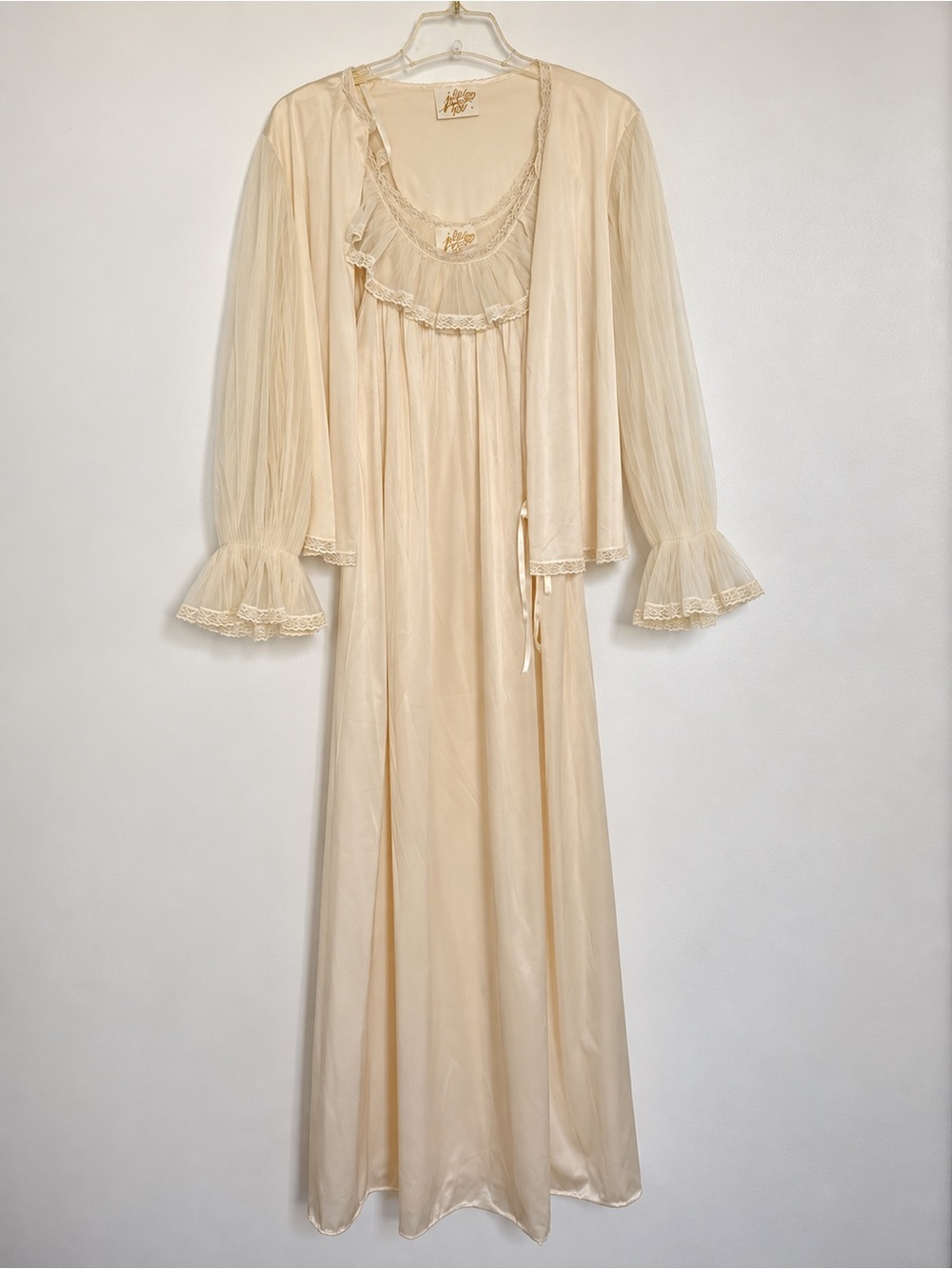 Vintage Jolie Two Ivory Peignoir Set Nightgown Robe Lace Chiffon Size S